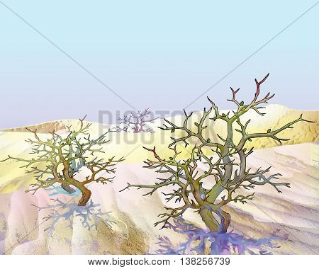 shrub Saxaul plant (haloxylon) in a sand desert. Cartoon Style Character Fairy Tale Story.