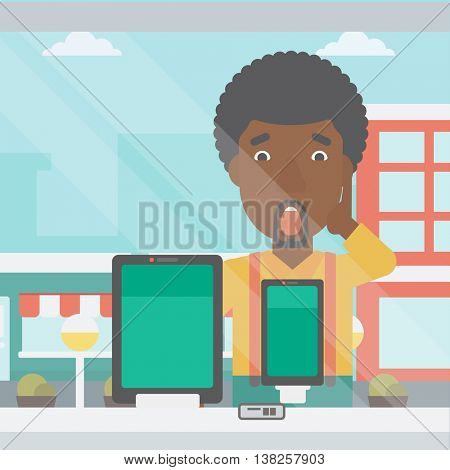 Astonished man looking at digital tablet and smartphone through the shop window. An african-american man with open mouth looking at tablet and phone. Vector flat design illustration. Square layout.
