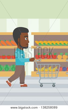 An african-american man pushing empty supermarket cart. Customer shopping at supermarket with cart. Man walking with trolley on aisle at supermarket. Vector flat design illustration. Vertical layout.