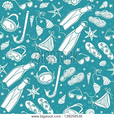 Swimsuit and flip flops background in vintage colors. Illustration of swimsuits masks shells flippers and sunglasses. Summer vacations seamless pattern. Hand drawn beach accessories in retro style.