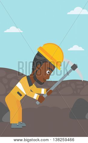 An african-american miner working with a pickaxe. Mine worker in hard hat. Miner at the coal mine. Vector flat design illustration. Vertical layout.