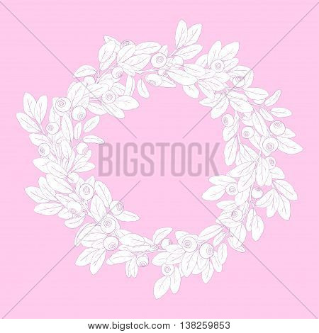Round wreath or frame of branches of blueberry with berries on a pink background. Sprigs painted pink tench and filled with white. Wreath isolated from the background. Vector illustration.