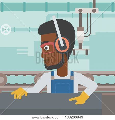 An african-american man working on metal press machine. Worker in headphones operating metal press machine at factory workshop. Vector flat design illustration. Square layout.