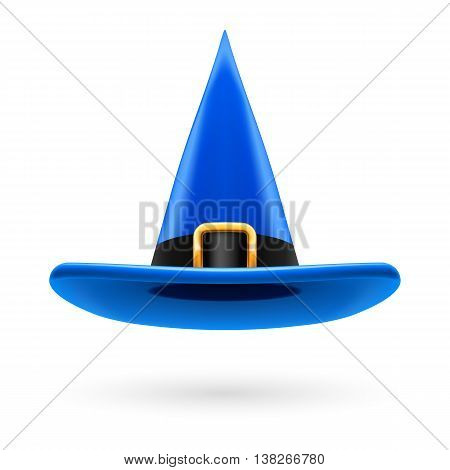 Blue witch hat with golden buckle and hatband
