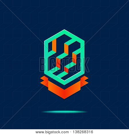 Vector : Abstract Business Building Logo With Ribbon On Navy Blue Background,real Estate Concept
