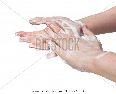 Hygiene Concept. Woman Is Washing Her Hands. Isolated On White B