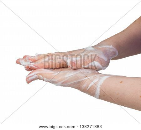 Woman Is Washing Her Hands. Hygiene Concept. Isolated On White B