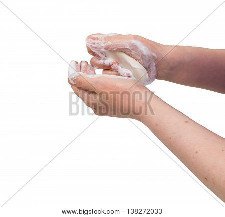 Woman Washing Her Hands With Soap. Hygiene Concept. Isolated On