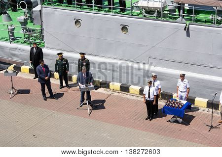 Odesa, Ukraine - July 03, 2016: Ukrainian president Petro Poroshenko at the pier of Odesa's port. Navy day celebration in Odesa