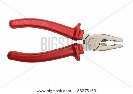 Red pliers isolated on white background. Industrial tools.