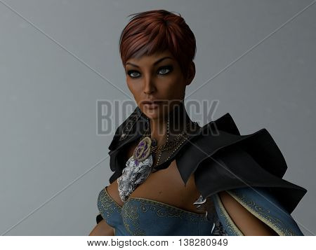3d illustration of a portrait of  young woman wearing midages clothing