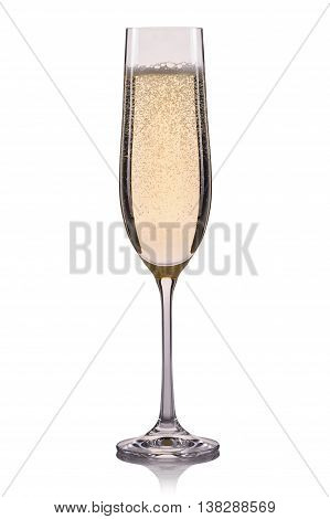 Glass of champagne with bubbles isolated on a white background.
