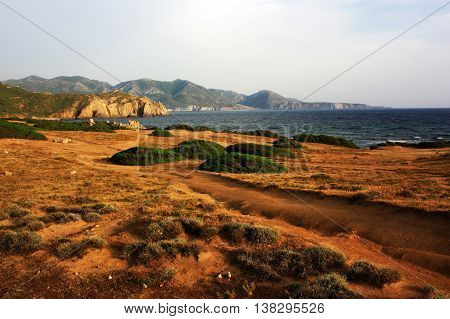 View on the sea and mountains in Capa Pecora in Sardinia, Italy.