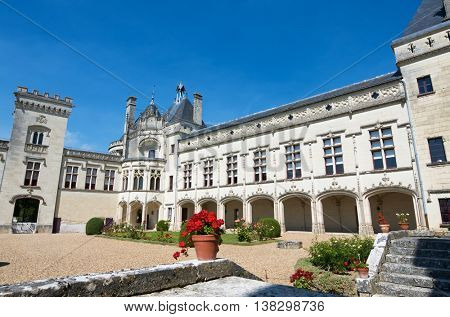 Castle courtyard Breze, Loire Valley, France. Built between the 11th and 19th centuries, it houses an extraordinary subterranean complex, a castle in a castle.