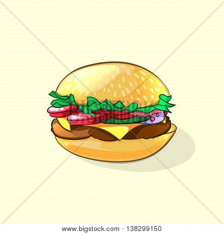 Tasty burger in cartoon style for junk food or healthy nutrition concept design. Vector illustration