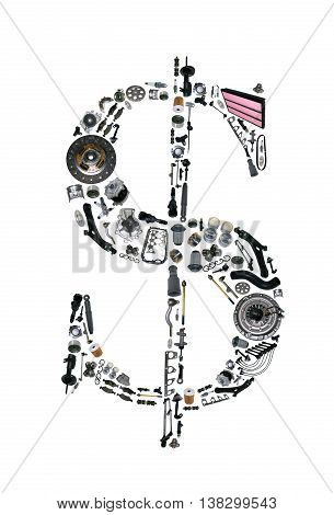 Dollar moneysign with auto parts for car. Spare parts for car for shop, aftermarket OEM. Dollar icon. Many auto parts isolated in money dollar