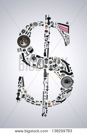 Dollar money sign with auto parts for car. Spare parts for car for shop, aftermarket OEM. Dollar icon. Many auto parts isolated in money dollar