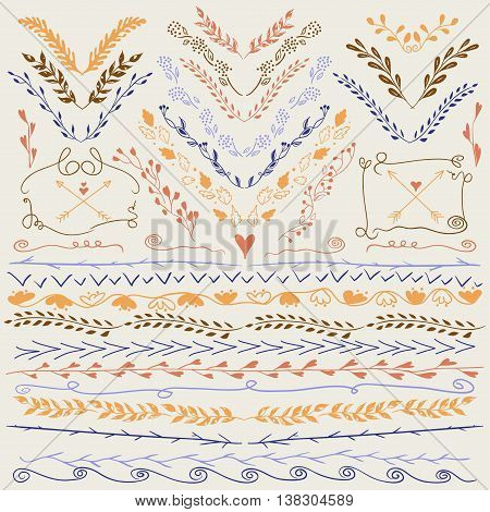 Hand drawn lines border branch arrows and other design elements. Retro colors. Illustration vector. Can be use as decoration.