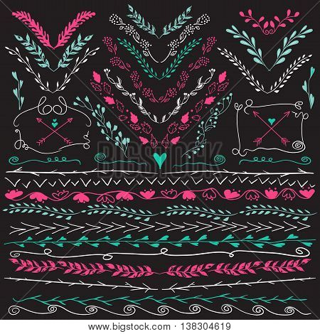 Hand drawn lines borderframe branch arrows and other design elements. Black backdrop. Illustration vector. Can be use as decoration.