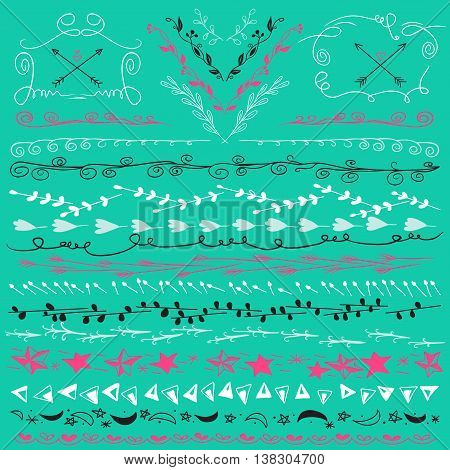 Hand drawn lines border branch,  frame, arrows and other design elements. Blue backdrop. Illustration vector. Can be use as decoration.