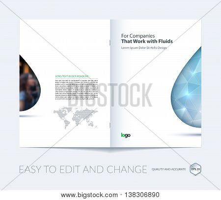 Brochure template layout, cover design annual report, magazine, flyer, leaflet in A4 with polygonal fluid oil drop, water droplet, raindrop, for business and science with overlay effect. Vector.