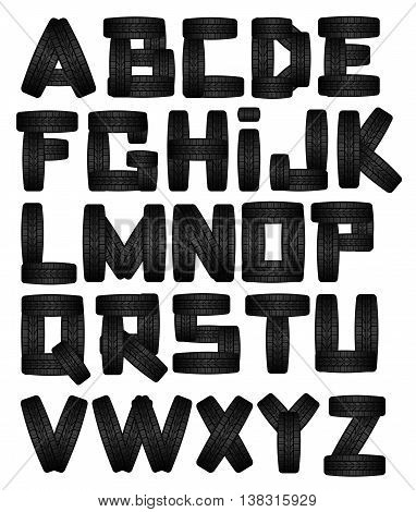 Tire font on white background. Vector decorative alphabet