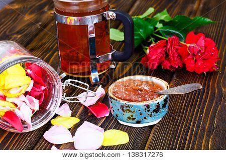 Jam Made of Rose Petals on the Old Wooden Boards. National Bulgarian Cuisine.