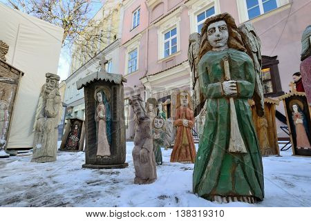 VILNIUS, LITHUANIA - MARCH 2: Traditional Lithuanian wood sculpture in annual traditional crafts fair - Kaziuko fair on Mar 2, 2013 in Vilnius, Lithuania