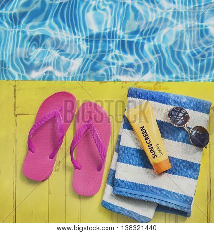 Flipflop Towel Sunglasses SunBlock Sunscreen Concept