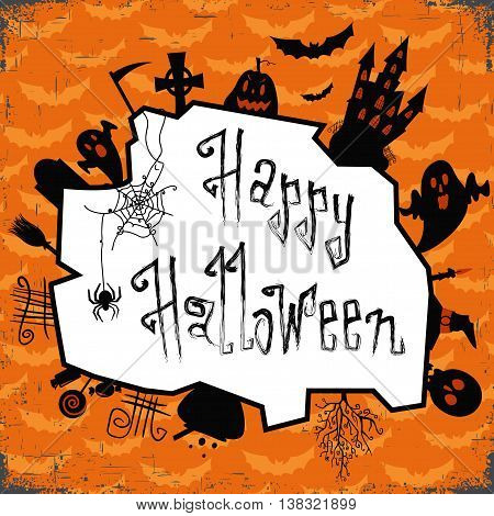Happy halloween card. Design template, with pumpkin, bat, spider and text happy halloween. Vector illustration. Orange backdrop with flying barts