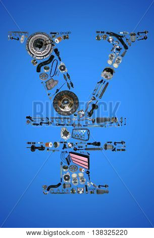 Japan yen money with auto parts for car. Spare parts for car for shop, aftermarket OEM. Yen icon. Many auto parts isolated in money japan yen