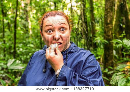European Biologist Biting A Grain Of Tagua, National Park Cuyabeno, South America