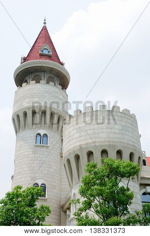 The watch tower at the european designed castle building Lake Malaren Birthcenter hospital in Baoshan district of Shanghai China.
