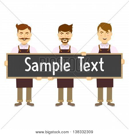 Staff coffee shop composition of three smiling barista with advertising board on white background vector illustration