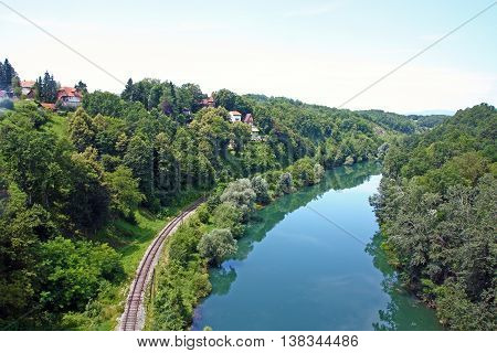 Kupa River upstream from Ozalj, natural landscape