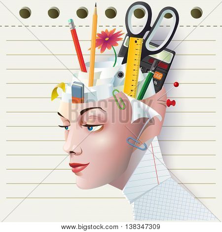 Unique creative Vector illustration a female head in the form of Office Stationery Organiser Pen Holder. Women's head office as a logo icon or avatar on the background the tear sheet from a notebook.