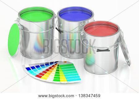 Paint cans and palette 3D rendering isolated on white background