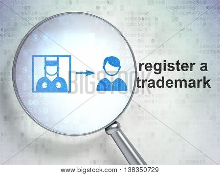 Law concept: magnifying optical glass with Criminal Freed icon and Register A Trademark word on digital background, 3D rendering