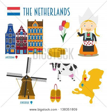 Netherlands Flat Icon Set Travel and tourism concept. Vector illustration