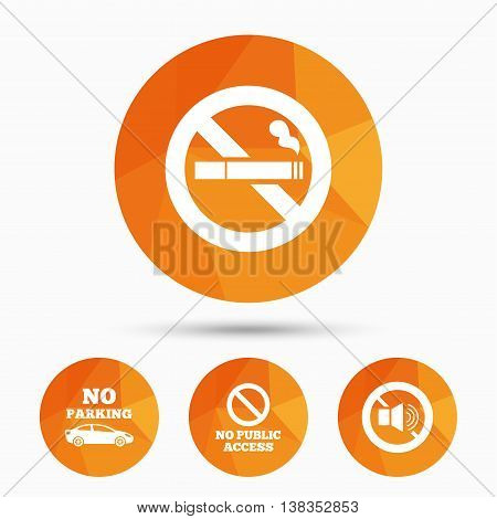 Stop smoking and no sound signs. Private territory parking or public access. Cigarette symbol. Speaker volume. Triangular low poly buttons with shadow. Vector