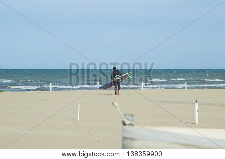 Cervia Italy 30th April 2016: Professionist engages in kite surfing in the Adriatic Sea