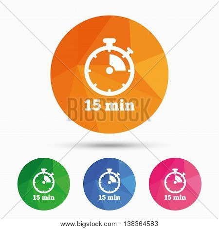 Timer sign icon. 15 minutes stopwatch symbol. Triangular low poly button with flat icon. Vector