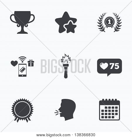 First place award cup icons. Laurel wreath sign. Torch fire flame symbol. Prize for winner. Flat talking head, calendar icons. Stars, like counter icons. Vector