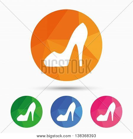 Women sign. Women's shoe icon. High heels shoe symbol. Triangular low poly button with flat icon. Vector