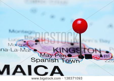 Spanish Town pinned on a map of Jamaica