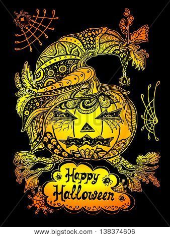 Pumpkin in hat in  Zen tangle or Zen doodle style red orange on  black for decorate package clothes or flyers banners creative Post Card on celebrating Halloween