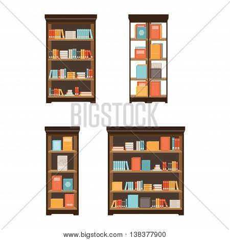 Home library with books on shelves isolated on white background flat icon vector illustration.
