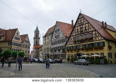 Dinkelsbuhl, Germany - August 28, 2010: Street view of Dinkelsbuhl one of the archetypal towns on the German Romantic Road.