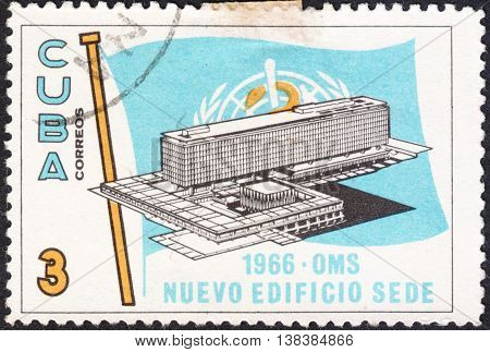 MOSCOW RUSSIA - CIRCA JANUARY 2016: a post stamp printed in CUBA shows the building of the W.H.O. Headquarters the series "The Inaugauration of W.H.O. Headquarters Geneva" circa 1966
