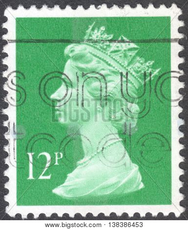 MOSCOW RUSSIA - JANUARY 2016: a post stamp printed in the UNITED KINDOM shows a portrait of Portrait of Queen Elizabeth II circa 1970 - 1977